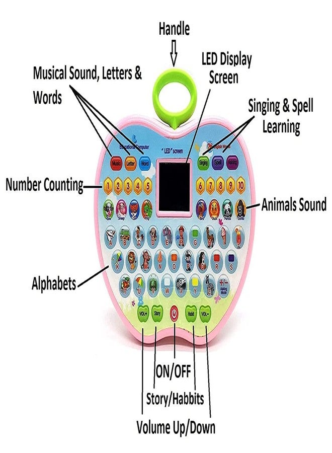 MKY Educational Mini Computer Toy for Kids- Apple Shape LED Display and Fun Music- Learning Alphabets, Numbers, Words, Animal and Story for Kids - Colour as per Stock - Image 4